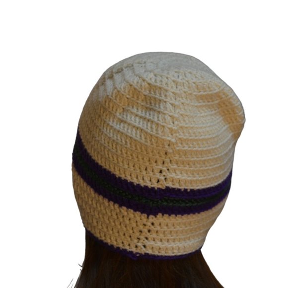 Beanie Crochet White Purple Stripes Tied knit approx. S - Picture 3 of 5